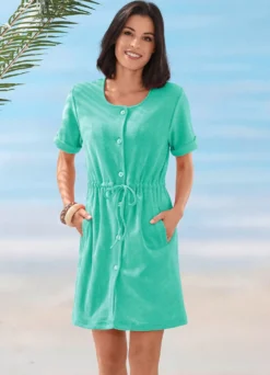 Frottier-Kleid mit durchgehender Knopfleiste