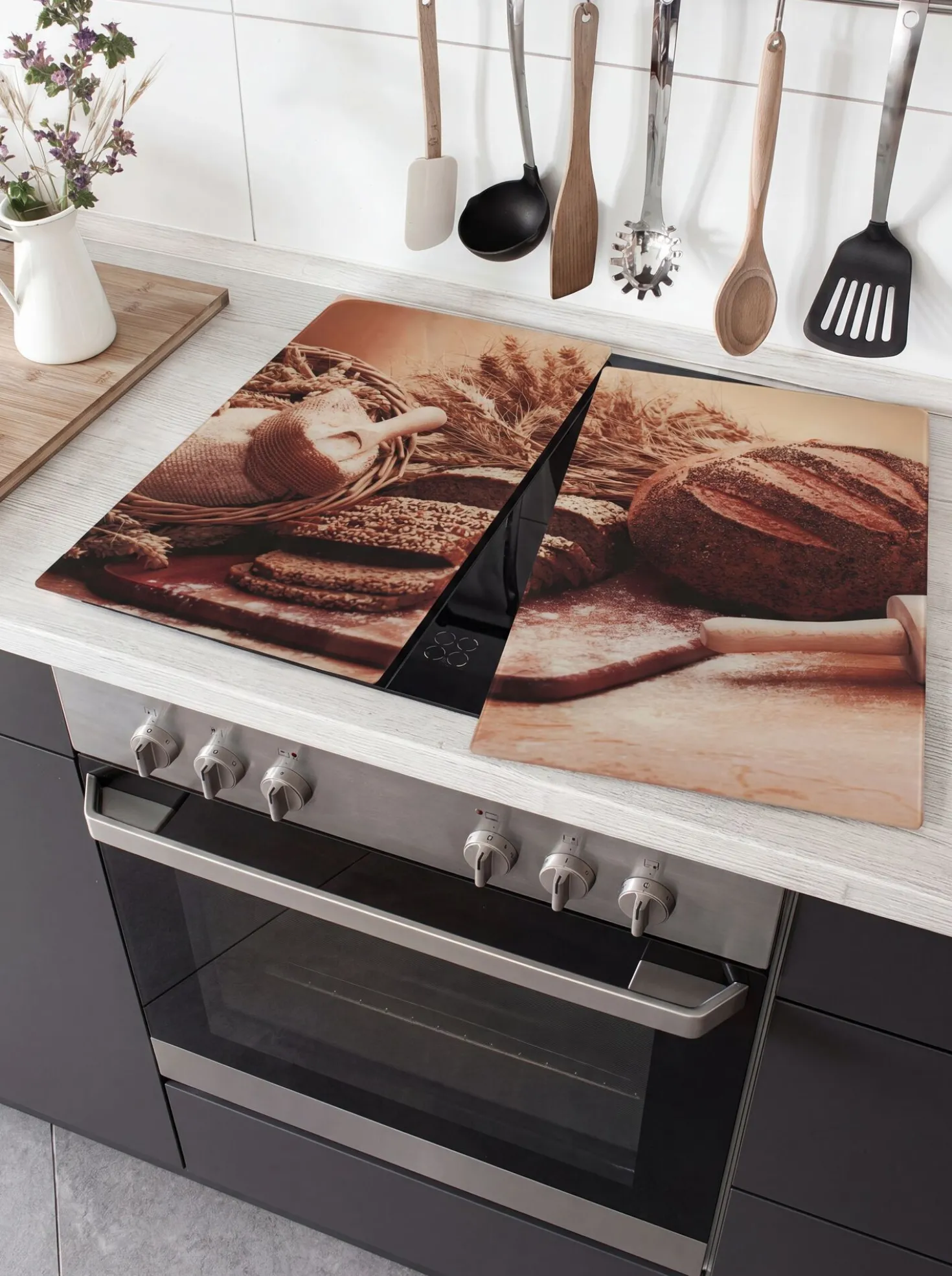 Herdabdeckplatten aus Glas, 2er-Set, Motiv Brot