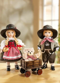 Puppenpaar mit Teddybär im Bollerwagen, 3er-Set